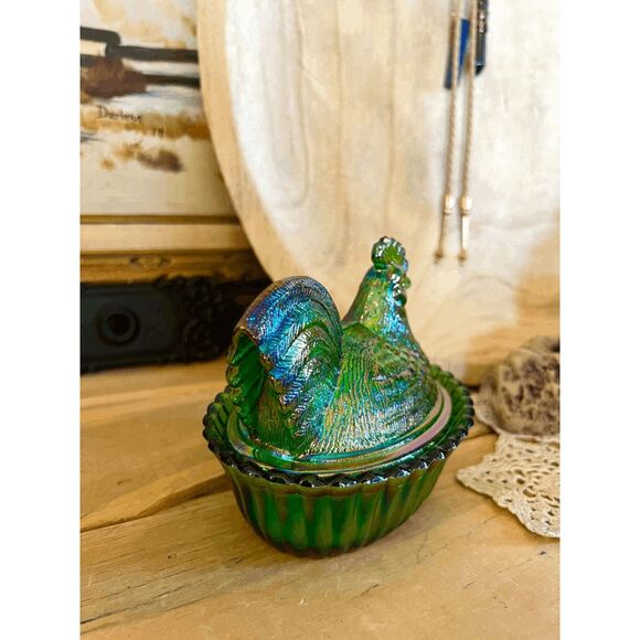 Vintage Westmoreland Mould Hunter Green Carnival Glass Rooster on Nest – Mosser - Picture 5 of 5